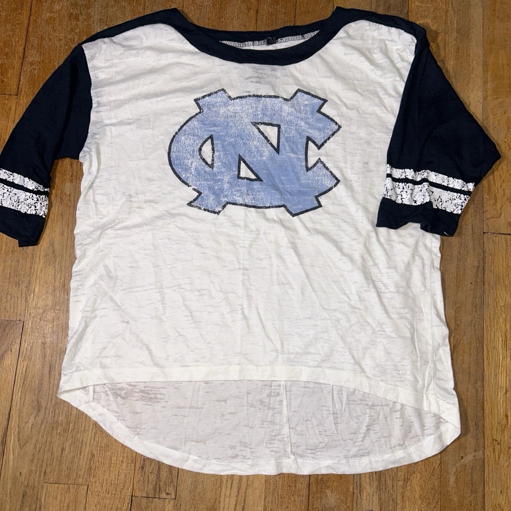 Three Square UNC Tar Heels Women XL Raglan Burnout T-Shirt Navy White Distressed